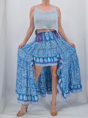 Vintage Y2K Boho Tribal Resortwear Silk Blend High Low Ruffle Tassel Skirt NWT